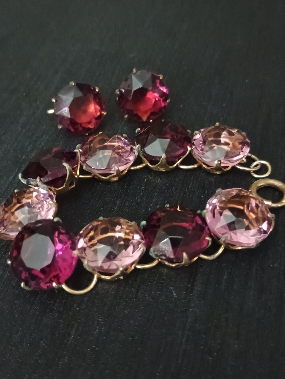 Vintage Pink and Purple  Crystal Link Bracelet And Clip On Earrings